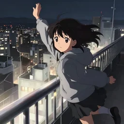 anime visual, portrait of a young black haired girl wearing hoodie sightseeing above the urban city, school rooftop guardrail, cute face by yoh yoshinari, katsura masakazu, dramatic lighting, dynamic pose, dynamic perspective, strong silhouette, ilya kuvshinov, anime cels, 1 8 mm lens, rounded eyes, moody, detailed toaru