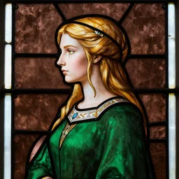 side - view portrait of triss merigold, green clothes, tenth century stained glass window, brown background, very masterful