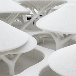 above ground perspective of dreamy pavilions buildings made of porous, hole filled membranes, white organic cellular beams and columns branching into small paths, forming a canopy of concrete with pillars and arched vaults. style of architecture rendering, dwell magazine front page