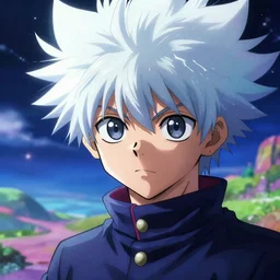 masterpiece closeup portrait of Killua from Hunter x Hunter in a surreal dream landscape, cinematic lighting, Michael Whelan, rendered by Beeple
