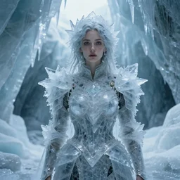 full shot of a regal brown woman wearing an intricate armor made of many layers of ice. no makeup!! freckles!! haunting eyes. vulnerable. fragile. ethereal. elaborate. ice caves. glaciers. refracted light. extremely soft lighting. textures. delicate. translucent. by ray cesar. by louise dahl - wolfe. by andrea kowch. surreal photography.