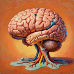an extremely high quality hd surrealism warm painting of a 4 d perspective neon complimentary - colors cartoon surrealism melting sculpture composition of zaha hadid biological anatomical brain by a much more skilled version of kandinskypicasso and salvia dali the fourth, salvador dali's much much much much more talented painter cousin, 8 k, ultra realistic, nerves, veins, arteries, 4 k