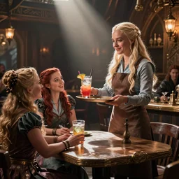 daenerys targaryen playing a waitress, serving drinks at a fantasy tavern, chatting with arya stark, high detail, fantasy art by wlop and mobius