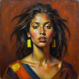 detailed portrait in daring femininity, ethnic, realistic face sculpted features, statuesque model, bold striking attire, tousled hair, warm cast, bathed in light, filmic, chiaroscuro, bas relief, fluorescent accents, specular highlights, angular impressionism, radiant, deep rich tones, contemporary art, oil on canvas