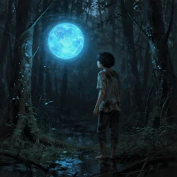 a dirty lost person is following a floating blue glowing ball of light through the swampy forest, art by Afda Trihatma .