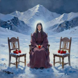 priestess of chairs and strawberries in the icy mountains. gouache painting by indie concept artist, chiaroscuro, bokeh, backlighting, field of depth