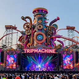 an outdoor festival stage, neon letters tripmachine, center of the stage is a big futuristic steampunk generator with gears and belts and tubes, surrounded by a rollercoaster with a steam train, rock musicians on the stage, laser show, 8 k, fluorescent colors, halluzinogenic, multicolored, exaggerated detailed, unreal engine