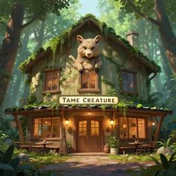 A Tame Creature Restaurant hotel in the Lost Woods ,Greg rutkowski, Trending artstation, cinematográfica, digital Art