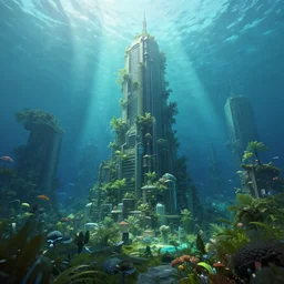 underwater 🌊🏢🏘🌿, style artstation, style greg rutkowsk, octane render, unreal engine 6, epic game graphics, fantasy, ciberpunk, conceptual art, ray tracing