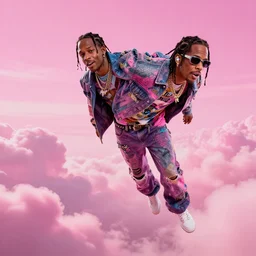 a photo of astroworld where travis scott is flying, 8 k concept art, detailed, cohesive, 8 0 s, realistic shading, pink skies, dreamy, cloudy, psychedelic
