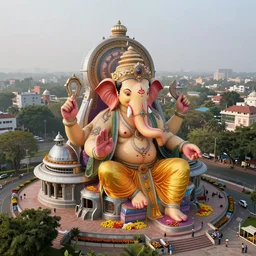 beautiful futuristic new delhi, sci - fi ganesha!! building, kalighat flowers, octane highly detailed cinematic, stephen shore & john j. park, soft morning light, wide shot, aerial shot, uhd 8 k, shallow depth of field