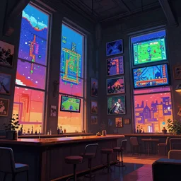 cozy room with very tall windows, bar, a lot of screens, many pictures on the walls, gameplay still frame, 4 colors, pixel art, futuristic, splash screen, level design, high contrast, background, deep focus, highly detailed, digital painting, artstation, concept art, matte, greg rutkowski, moebius.