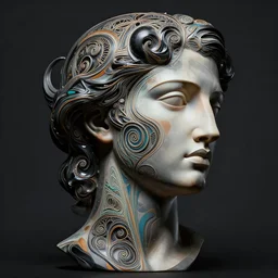 epic concept art. 3 d abstract female face silhouette mixing with black and color liquid fluid. intircate elegant filigree abstract sculpture. art deco swirls. masterpiece, michelangelo. concept art, matte painting. greg rutkowski, wlop, victo ngai, kandinski