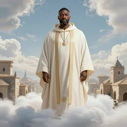 Idris Elba dressed as a Byzantine priest surrounded by heavenly clouds in a Byzantine city, concept art, beautiful light, symmetry, very coherent, trending on artstation, by James Gurney and Simon Stalenhag and Greg Rutkowski