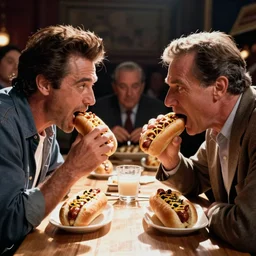 candid photo of Marlon Brando and Orson Welles in a hot dog eating contest