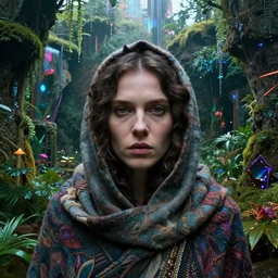 detailed face of an icelandic woman clothed wrapped in textiles, lush, opulent, walled garden, utopian, tech noir, wet reflections, prism, atmospheric, ambient, pj crook, syd mead, livia prima, artgerm, greg rutkowski, nick alm, casey baugh