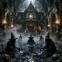 witches drown in black puddles in the large room with slime and fog of the old house, octane render, hyper realistic, scary, by giger