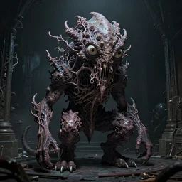 eldritch 4D monster, full of veins and eyes, in the dark room. Hyper realistic, photorealistic, concept art