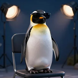 A photo of a penguin sitting on a chair while wearing sunglasses at night, photo studio, professional photo, commercial photo, professional lighting, trending in artstation, HDR