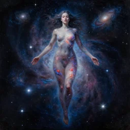 a giant woman floating among the stars. she is made of galaxies and nebula and a million sparkling stars. dramatic light and dark. beautiful well composed painting with detailed face by artgerm and greg rutkowski.