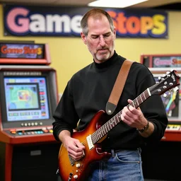 Steve Jobs playing guitar hero at a GameStop