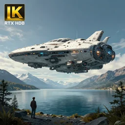photo by eytan zana and robby johnson, a colossal spaceship hovering over a patagonia lake. 4 k rtx hdr volume light concept studio matte painting environement digital illustration fanart artstation