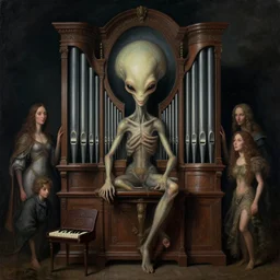 a symmetrical matte portrait of alien pipe organ. joyful bearing. cinematic atmospheric lighting, painted, intricate, ultra - portrait of the innermost soul by dave dorman hieronymus bosch, cyril rolando, esher and natalie shau, whimsical, profound, impossible. trending on devaintart. dark, brooding,