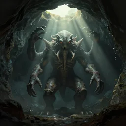 a cthulhu in a cave lit only by a hole in the roof where sunbeams are visible, digital painting, artstation, dark