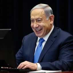 benjamin netanyahu laughing at computer screen, in office, alone, black background, by norman rockwell