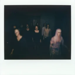 dark room filled with faceless people, distuburbing, horror, nightmare, terrifying, surreal, nightmare fuel, old polaroid, blurry, expired film, lost footage, found footage,