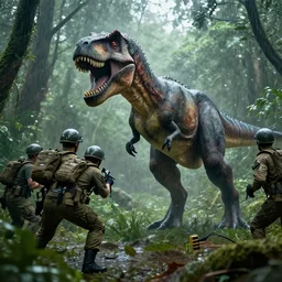 indominus rex attacking soldiers in rainy forest