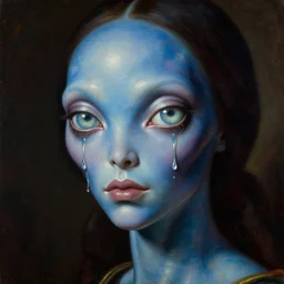 a baroque neoclassicist close - up portrait of a blue alien woman with big glowing eyes dripping in iridescent futuristic liquid chrome. renaissance portrait. highly detailed science fiction painting by norman rockwell, frank frazetta, and syd mead. rich colors, high contrast, gloomy atmosphere, dark background. artstation