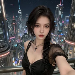Сyberpunk style selfie in a crowded city in space, Neo Norilsk, sci-fi, fantasy, intricate, very very beautiful, elegant, highly detailed, smooth, Unreal Engine 5, sharp focus, by Evgeny Zubkov, by Marat Zakirov, trending on Behance