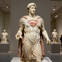 a museum exhibit of the ancient roman statue of superman. high quality photograph