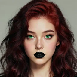 a realistic illustration portrait of a beautiful cute girl with wavy black red hair, a pointy nose and, round chin black eyeliner, green eyes, trending on artstation, hyper - realistic lighting, intricate