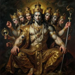 a beautiful cinematic masterpiece gothic portrait of mystical gothic colossal asura king ravan with ten heads from ramayan, by caravaggio, by rembrandt, by wayne barlowe, by greg rutkowski, oil on canvas, masterpiece, trending on artstation, featured on pixiv, cinematic composition, brilliant lighting, sharp, hyper - detailed, no frames, hd, 8 k