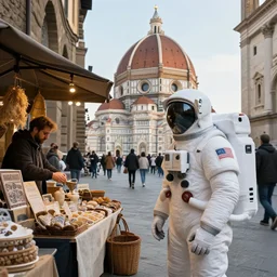 white futuristic astronaut standing at ancient renaissance florence vendor, rule of thirds, time travel scenery, nvidia, by wlop, peter mohrbacher, artgerm, jakub rebelka, visually stunning, beautiful, masterpiece