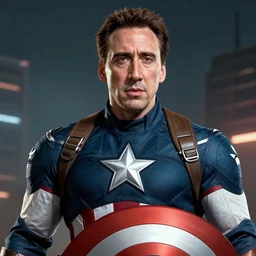 an epic fantasy comic book style portrait painting of Nicolas Cage dressed as Captain America, unreal 5, DAZ, hyper realistic, octane render, dynamic lighting