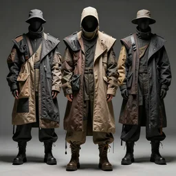 avant garde techwear look and clothes, we can see them from feet to head, highly detailed and intricate, hypermaximalist, tonal colors, futuristic, luxury, Rick Owens, Errolson Hugh, Yohji Yamamoto, Y3, ACRNYM, cinematic outfit photo
