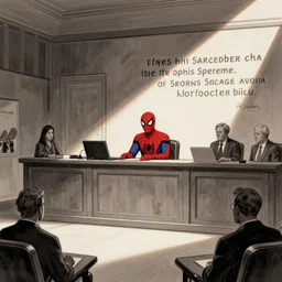 Spiderman argues for petitioner before the US Supreme Court, courtroom sketch by Art Lien