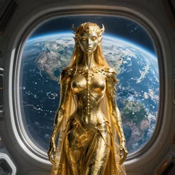 a photo of 8k ultra realistic corrupted lovecraftian golden humanoid queen standing next to a spaceship window overlooking earth, cinematic lighting, trending on artstation, 4k, hyperrealistic, focused, extreme details, unreal engine 5, cinematic, masterpiece