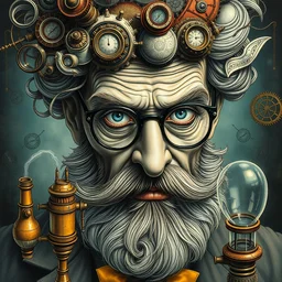 portrait mad scientist painted in jacek yerka style drawn by takato yamamoto, inspired by steampunk, intricate acrylic gouache painting, high detail, sharp high detail, artstation