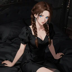 gorgeous woman with braided brown hair and blue eyes, wearing a black dress, silver earrings, sitting on her bed, black colors, highly detailed, in the style of and ilya kuvshinov and greg rutkowski, high quality anime artstyle, intricate