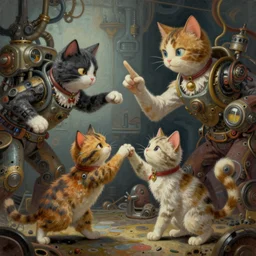 surreal gouache gesture painting, by yoshitaka amano, by ruan jia, by Conrad roset, by dofus online artists, detailed anime 3d render of cats fighting,cats, felines, meow, cats,  portrait, cgsociety, artstation, rococo mechanical, Digital reality, sf5 ink style, dieselpunk atmosphere, gesture  drawn