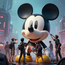 group of people repairing the statue of mickey mouse head, cyberpunk art, tranding on artstation, cgsociety, dystopian art, reimagined by industrial light and magic, concept art