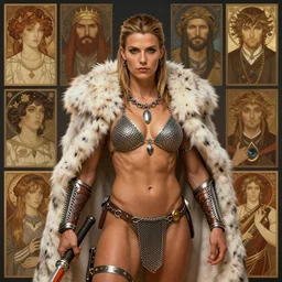 portrait of zarya from overwatch as a muscled and determined female barbarian clothed in chain mail bikini armor and a white fur cloak, neutral expression, by greg rutkowski and john collier and krenz cushart and artem demura and alphonse mucha and albert aublet, as seen on artstation, 4 k, dungeons and dragons, very aesthetic, very detailed, intricate