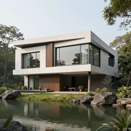 a beautiful contemporary masterpiece modern art deco brutal house with large windows, on a lake, surrounded by trees and rocks, in central india, by alex webb, by gregory crewdson, featured on architecture daily, shot on large format film, 1 2 0 0 iso, grainy, cinematic composition, beautiful lighting, no frames