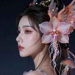 hyperrealism, night background, super zoom, goddess woman super coherent profile close - up beautiful face portrait real human, jellyfish!! phoenix crow wings! giant orchid!!, artwork by tooth wu and wlop. octane render, trending on artstation, greg rutkowski cinematic, hyper realism, high detail, octane render, 8 k
