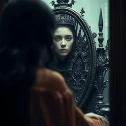 secret view from behind wide mirror of a beautiful black haired woman with pale skin and a crown on her head sitted on an intricate metal throne, very deep stillness atmosphere, silence, dimension of still moment, spiritual feeling, digital art, by daniel ridgway knight