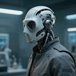 a half masked laboratory engineer man with cybernetic enhancements as seen from a distance, scifi character portrait by greg rutkowski, craig mullins, 1 / 4 headshot, cinematic lighting, dystopian scifi outfit, profile picture, mechanical, cyborg, half robot